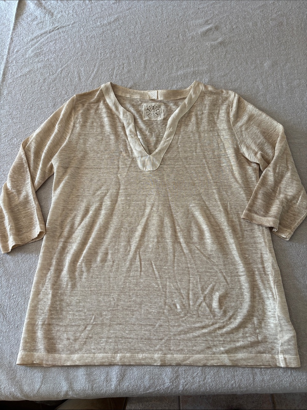 120% Lino Ladies Ivory/Tan Linen Top-L